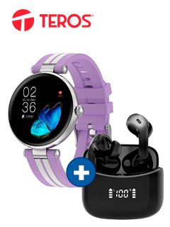 combo smart watch pÚrpura y audÍfono negro